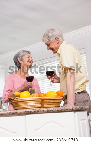 Senior couple drinking red wine at home in the kitchen