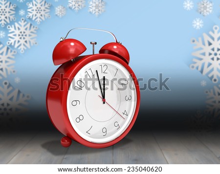 Alarm clock counting down to twelve against snowflake wallpaper over floor boards