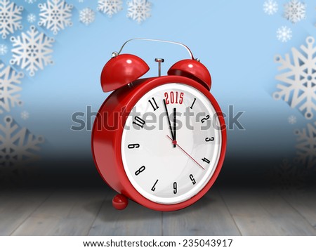 2015 in red alarm clock against snowflake wallpaper over floor boards