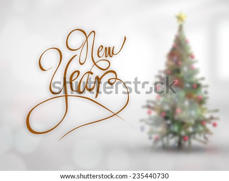 New year message against blurry christmas tree in room
