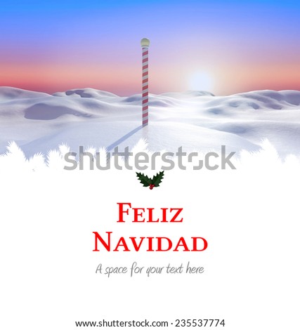 Feliz navidad against snowy land scape with pole