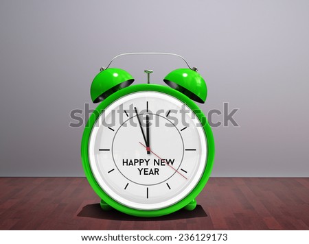 Happy new year in green alarm clock against room with wooden floor