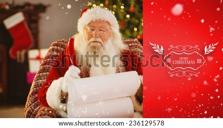 Santa claus writing his list with a quill against red vignette