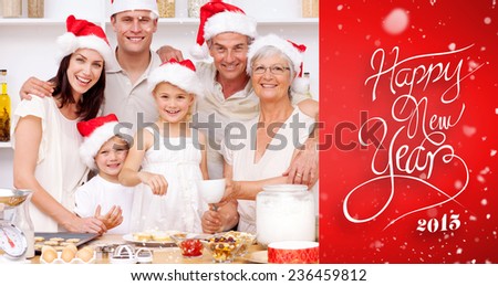 Children baking Christmas cakes in the kitchen with their family against red vignette