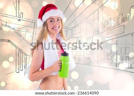 Festive fit blonde smiling at camera against white glowing dots on grey