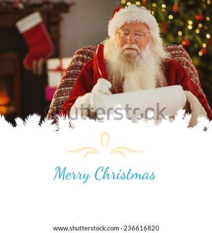 Composite image of santa claus writing his list with a quill against border
