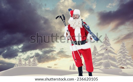 Santa claus holding ski and ski poles against snowy landscape with fir trees