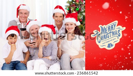 Family drinking wine and eating sweets in Christmas against red vignette