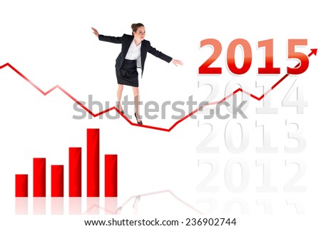 Businesswoman performing a balancing act against 2015