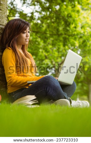 Side view full length of relaxed young woman using laptop in the park