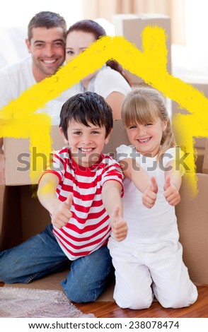 Family moving house with boxes and thumbs up against house outline in clouds