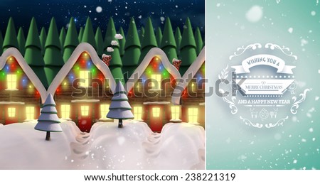 Snow falling against row of house with snow on them at night