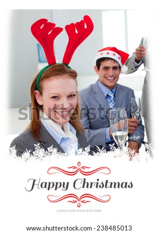 Portrait of a smiling businesswoman toasting with her colleagues against border