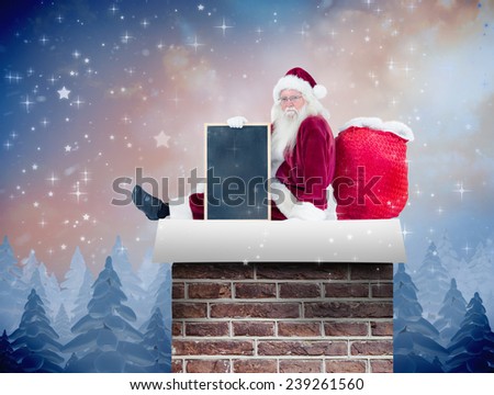 Santa sits leaned on his bag with a board against twinkling stars