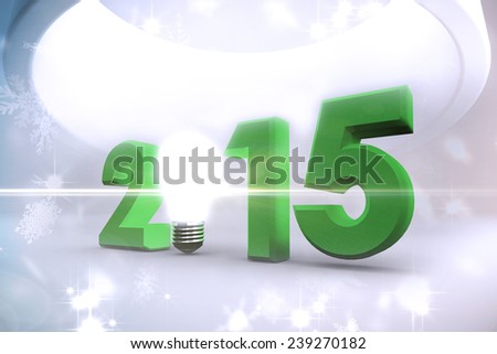 2015 with light bulb against lights twinkling in modern room