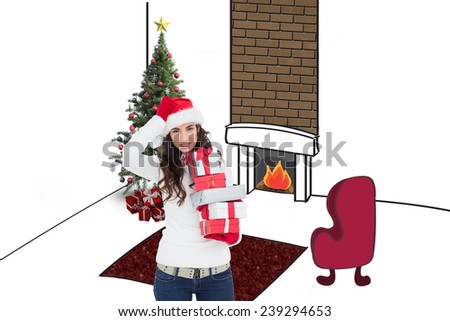 Stressed brunnette in santa hat holding gifts against living room sketch at christmas