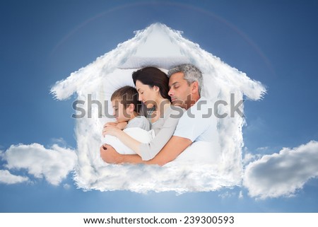 Cute family sleeping together in bed against cloudy sky with sunshine