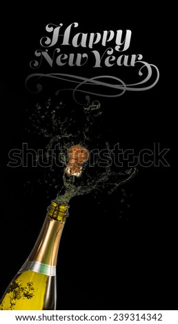 Elegant happy new year against bottle of champagne popping