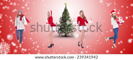 Composite image of different festive blondes against white light dots on red