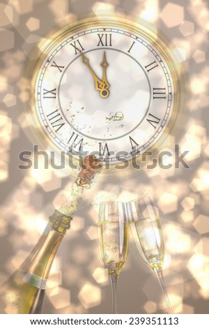 Clock counting down to midnight against sparkling wine