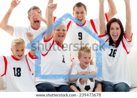 Family celebrating a goal at home against house outline