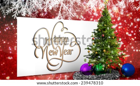 Happy new year against poster with christmas tree