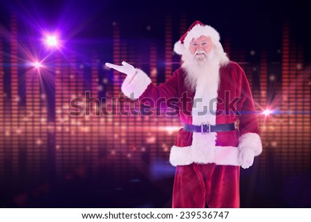 Santa shows something to camera against digitally generated disco light design