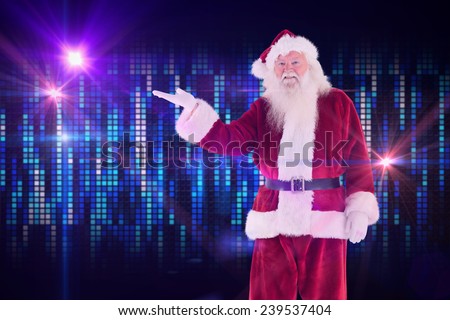 Santa shows something to camera against digitally generated cool pixel background