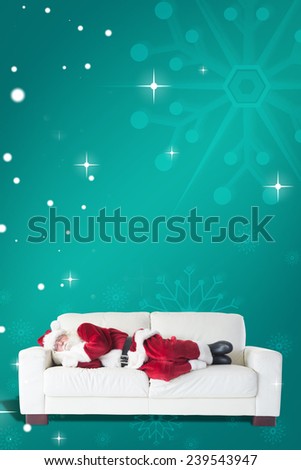 Father Christmas sleeps on a couch against green snowflake background