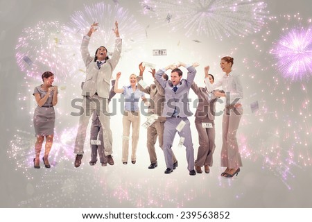 Very happy people with money falling from the sky against colourful fireworks exploding on black background