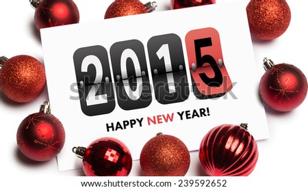 Happy new year 2015 against red christmas baubles surrounding white page
