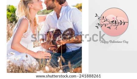 Handsome man serenading his girlfriend with guitar against love birds