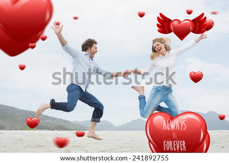 always and forever against cheerful couple holding hands and jumping at beach