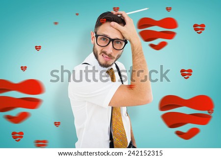 Geeky hipster scratching his head against blue vignette background