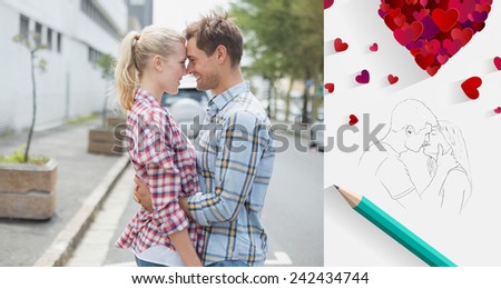 Couple in check shirts and denim hugging each other against sketch of kissing couple with pencil