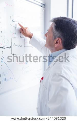 Focused scientist pointing equation on whiteboard in laboratory