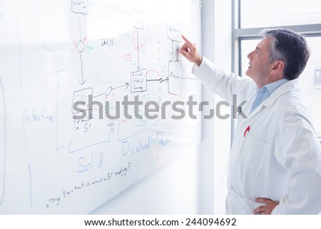 Focused scientist pointing equation on whiteboard in laboratory