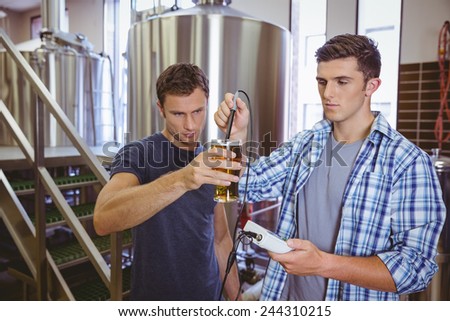 Two casual men testing beer in the factory