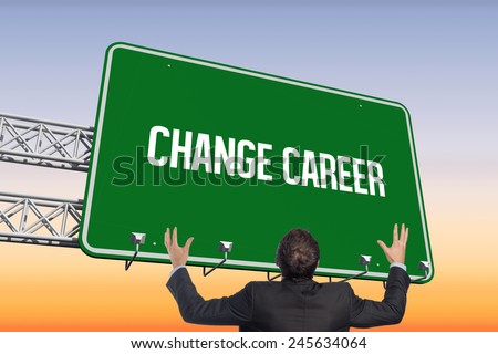 The word change career and gesturing businessman against purple and orange sky