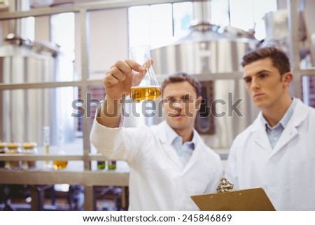 Focused scientist team looking at beaker in the factory