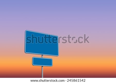 Blue road sign against sunrise sky