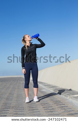 Fit blonde drinking water on the pier on a sunny day
