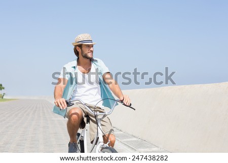 Handsome man on a bike ride on the pier on a sunny day