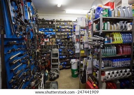 Full store room at the repair garage