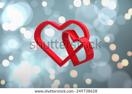 Linking hearts against white glowing dots on blue