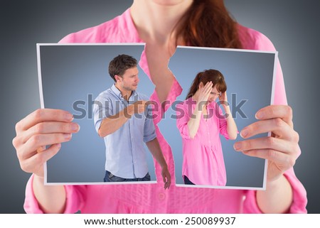 Man giving woman a headache against grey vignette