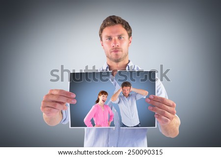 Woman arguing with ignoring man against grey vignette