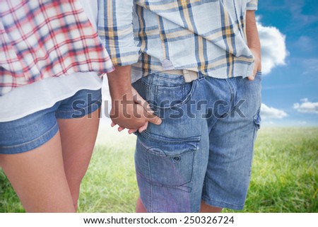 Couple in check shirts and denim holding hands against sunny landscape