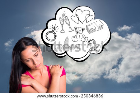Young brunette with sad facial expression against blue sky with clouds and sun