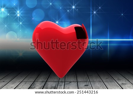 Heart with open door against shimmering light design over boards